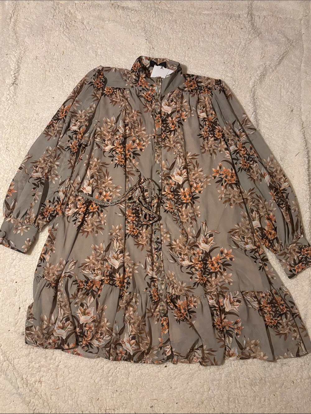 Aakaa Sage Gray Floral Balloon -Sleeve Mini Dress with Tie Waist medium